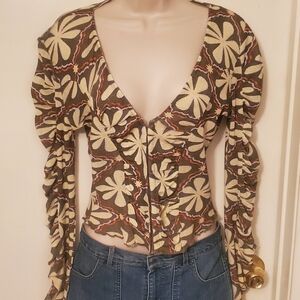 Free People Floral Button Down Shirt - Brown and Cream